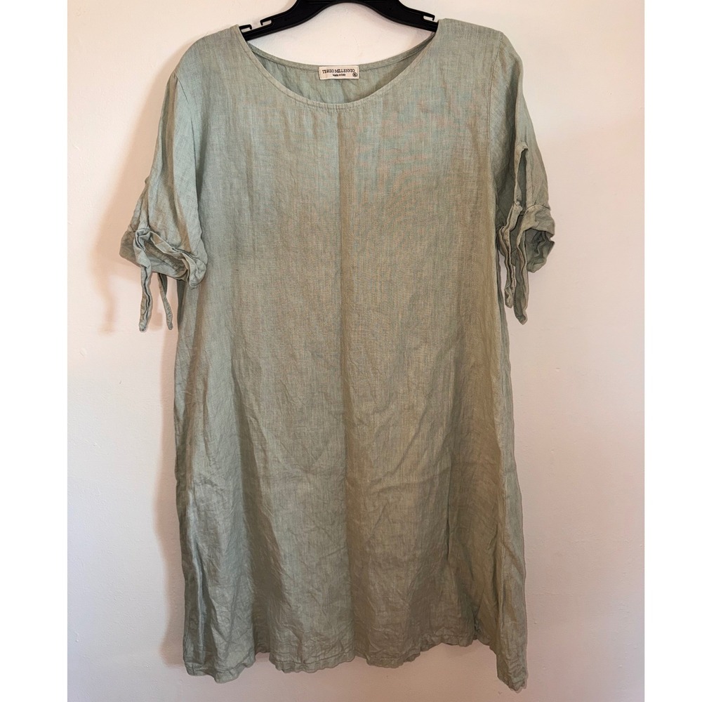 Terzo Millennio Italy 100% Linen Sage Green Tie Sleeve Shift Dress XL